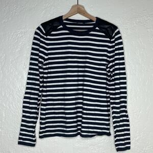 J. McLaughlin Women's Leeward Gray Striped Leather Patch Sweater Size Medium